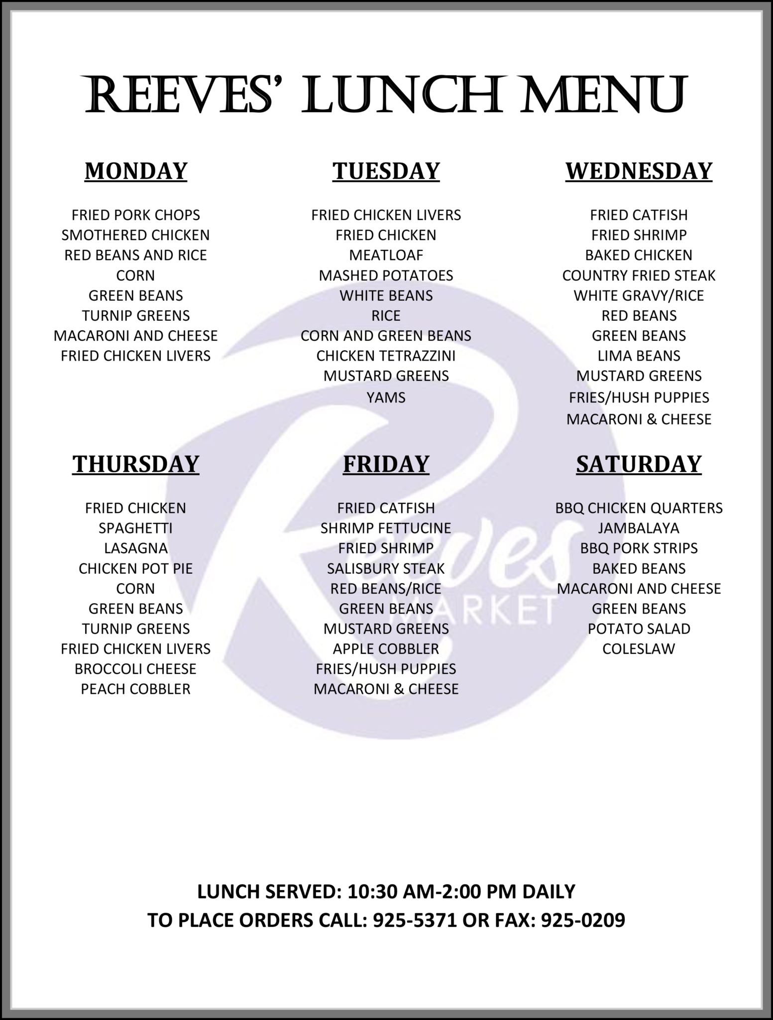 Lunch Menu Reeves Grocery